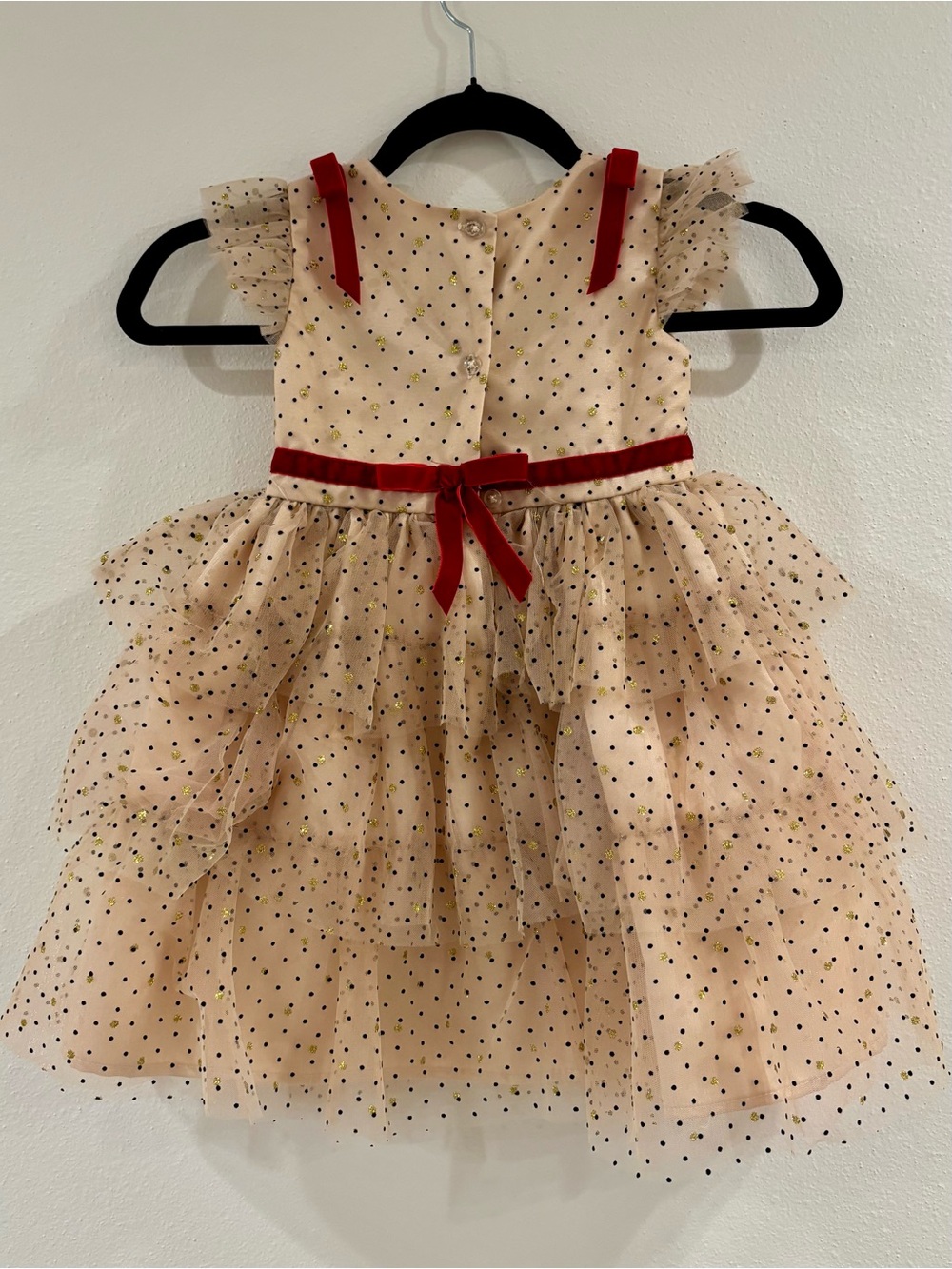 Blueberi Boulevard Beige Tulle Party Dress with Red Ribbon Accents - Picture 2 of 3